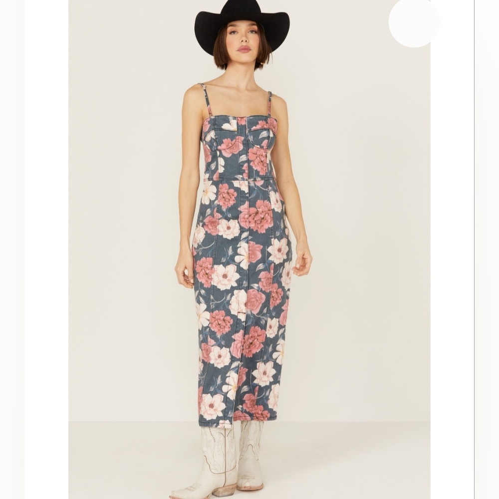 Driftwood denim dress XL floral cotton sweetheart Masquerade Noir midi new $178